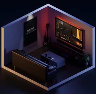 A hexagonal room featuring a modern, dimly lit entertainment setup with a large wall-mounted screen and ambient lighting. A couch faces the screen, and a guitar stands against the wall. A small table holds a drink, and there's a potted plant in the corner, adding a touch of greenery. A poster is displayed on the wall providing an artistic touch.